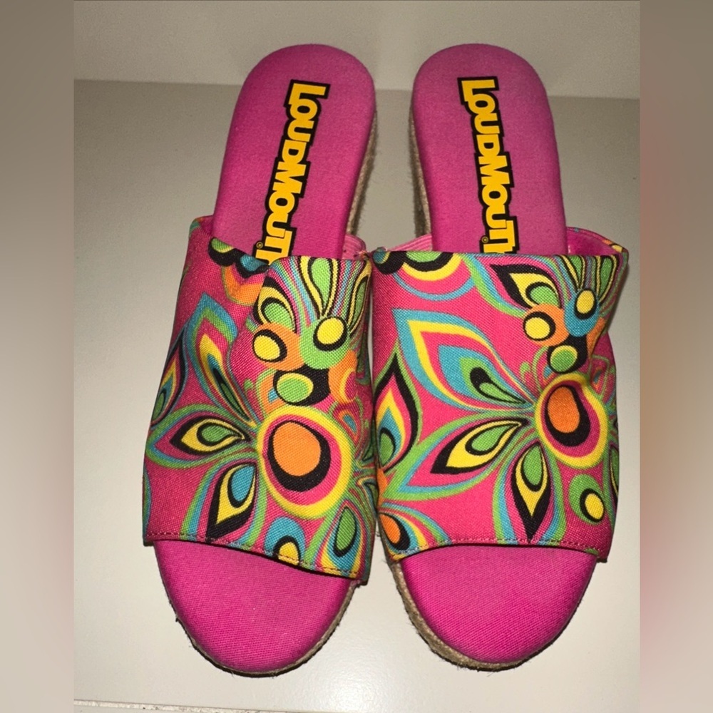 Loudmouth Women Marlene Shagadelic Wedges Sz 6.5M Pink 60s Retro Inspired Fabric - Picture 10 of 14